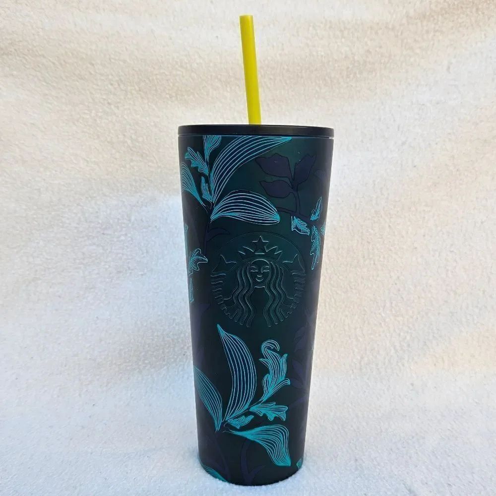 Starbucks Blue and Green Floral Steel Tumbler 24oz